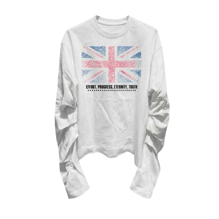 British Retro White Long Sleeve Tee Vintage Grain Union Jack Flag Star Print Soft Washed Cotton Y2K Street Women Top Hip Hop Top
