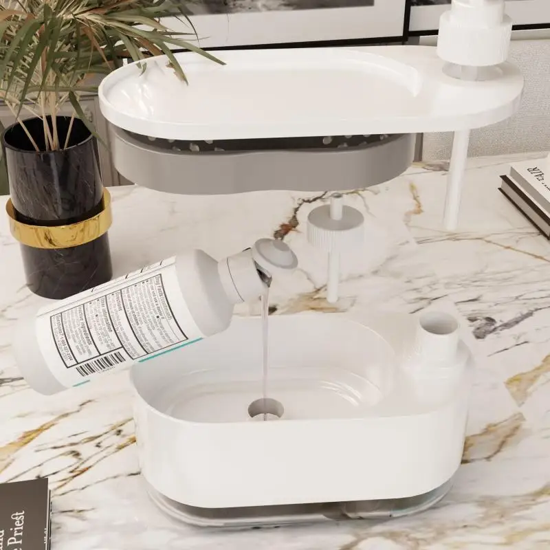 Dual Soap Dispenser With Sponge Holder Manual Press Soap Box Hand And Dish Soap Dispenser For Kitchen Sink Detergent Dispenser