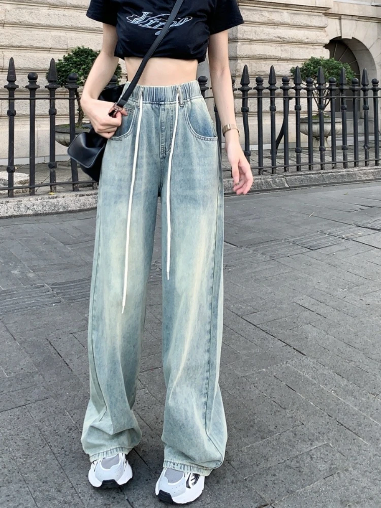 Drawstring elastic waistband light bule colored jeans women 2025 new autumn floor length wide leg loose straight leg pants