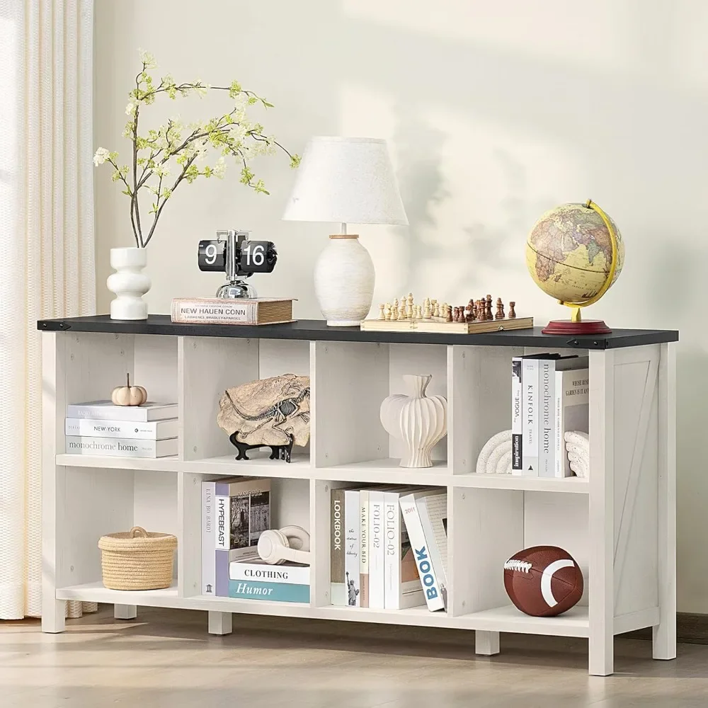 

Book Shelf, Farmhouse Wood Long Storage Organizer Bookcase, 62" Horizontal Antique White & Black Console Bookshelf,