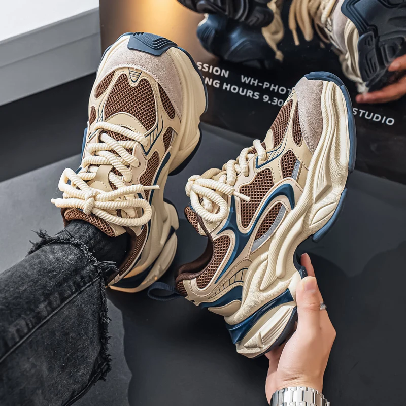 Herren-Dad-Sneaker, atmungsaktives Obermaterial aus großem Mesh, dicke Juteschnürsenkel, farblich abgesetzte dicke Sohle, höhenvergrößernd und rutschfest, retro-trendiger Stil, mehrere Farboptionen verfügbar, vielseitige Freizeitschuhe für den täglichen Arbeitsweg und die Straßenmode. – Detail 5