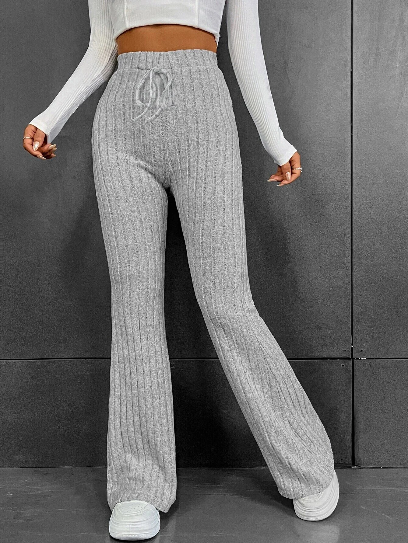 2026 New Soft Ribbed Knit Flared Leggings Women High Waist Drawstring Tummy Control Slim Fit Yoga Pants Stretch Casual Daily