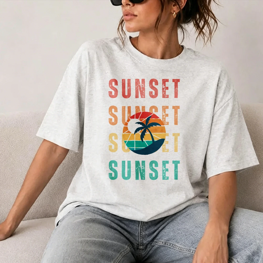 Retro Tropical Sweatshirt Beige Crew Neck Cotton T-Short Sleeve Palm Tree Silhouette Gradient Circle Repeating Sunset Text Tee
