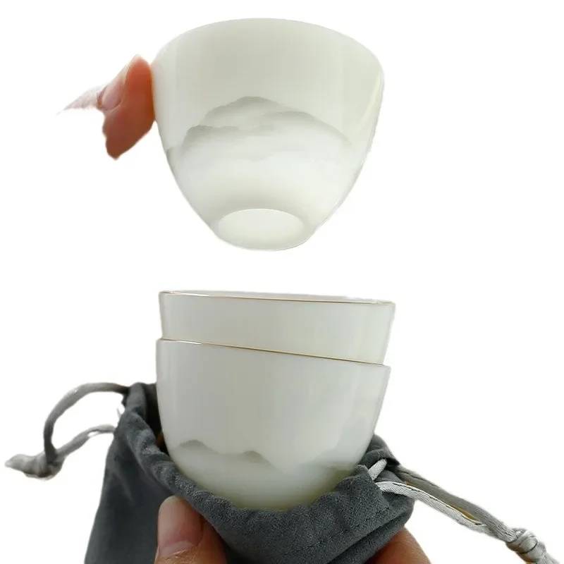 Chinese Kung Fu Kettle Suet-fat Jade Quik Cup Outdoor Travel Tea Set Convenient Camping One Pot Three Cup Tea Drinking Equipment