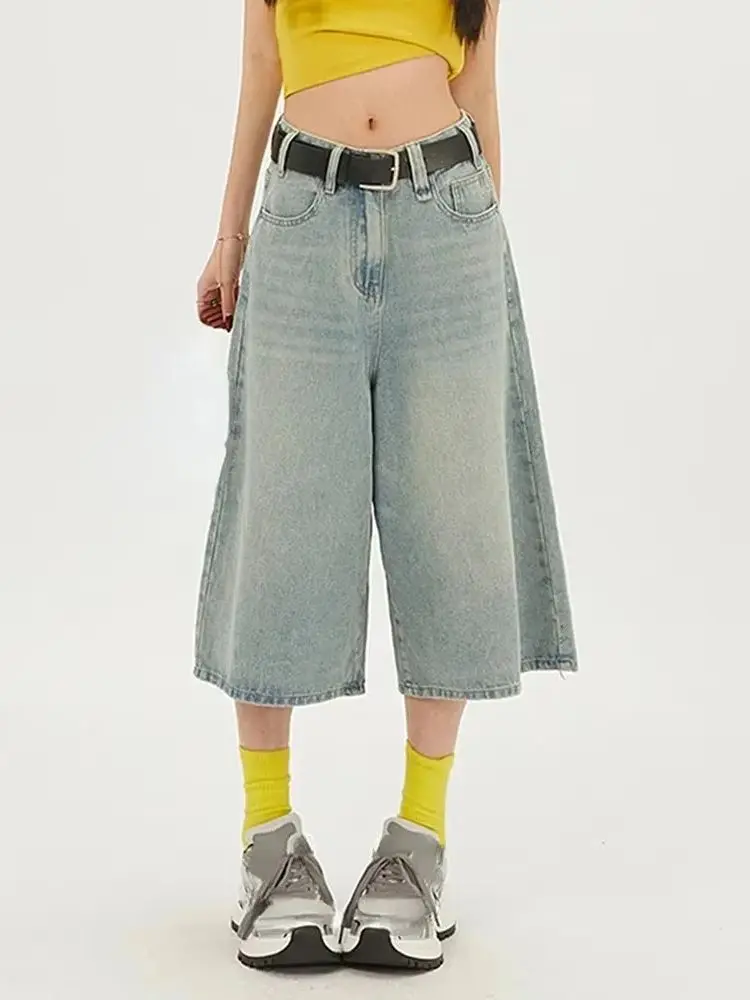 Fashion High Street Casual Women Versatile Wide Leg Denim Shorts Summer Y2K Retro Women's High Waist Washed Split Loose Jeans