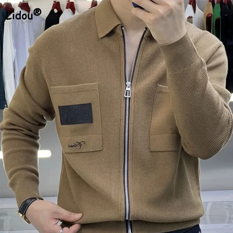 Business Office Casual Men\'s Turn-down Collar Knitted Coat 2023 Autumn Winter Trend Fashion Pockets Zipper Cardigan Male Clothes