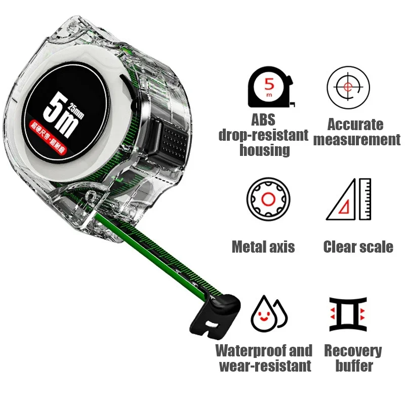 10M Black Fluorescent Tape Measure High Precision Steel Metric Tape Retractable Ruler Wear-resistant and Drop-proof Tape Measure