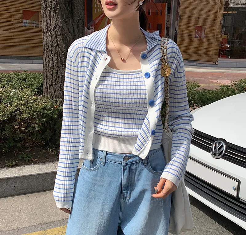 

2024 Spring and Autumn New Korean Striped Collar Knitted Cardigan+Sleeveless Short Tank Top Fashion Casual Stacking Set