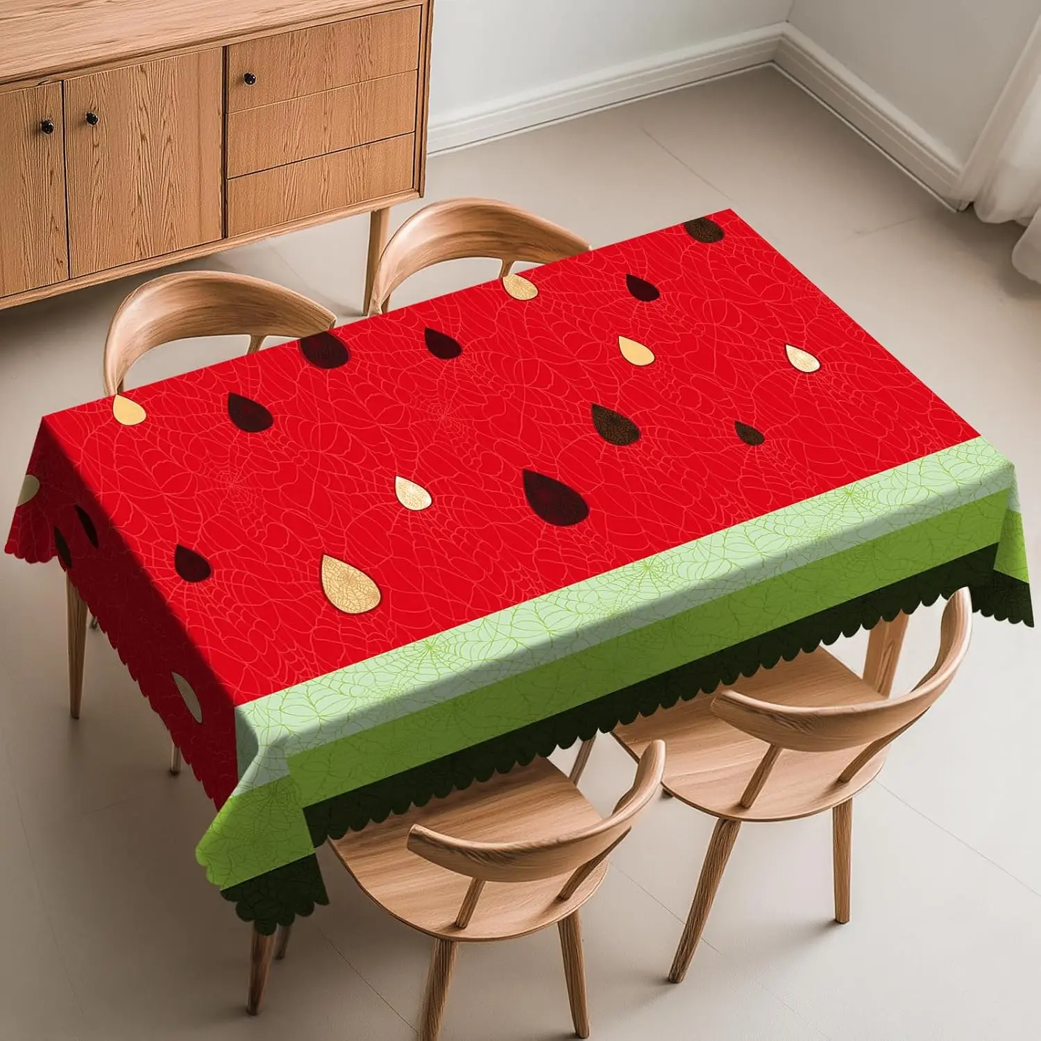 Watermelon Tablecloth Fruit Juice Seed Sliced Rectangle Sweet Summer Decor Wavy Edging Washable Cover for Party Dinner