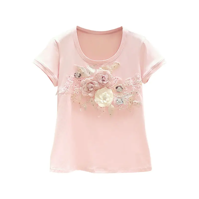 2024 New Summer Women Flower T shirts Puff Sleeve Loose Tee Tops