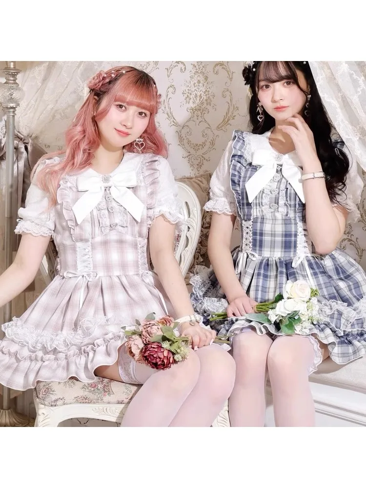 Japanse Mijn Zoete Jurk Set Zomer 2025 Meisjes Vrouw Leuke Boog Kant Schimmel Rand Plaid Top Shorts 2 Delige Set Lolita Outfit - afbeelding 2