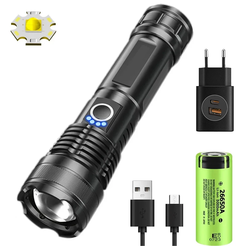 90000lm High Power Xhp50 Led Zaklamp Oplaadbare Zaklamp Zoom Usb Hand Lantaarn Camping Buiten Waterdicht Noodgeval