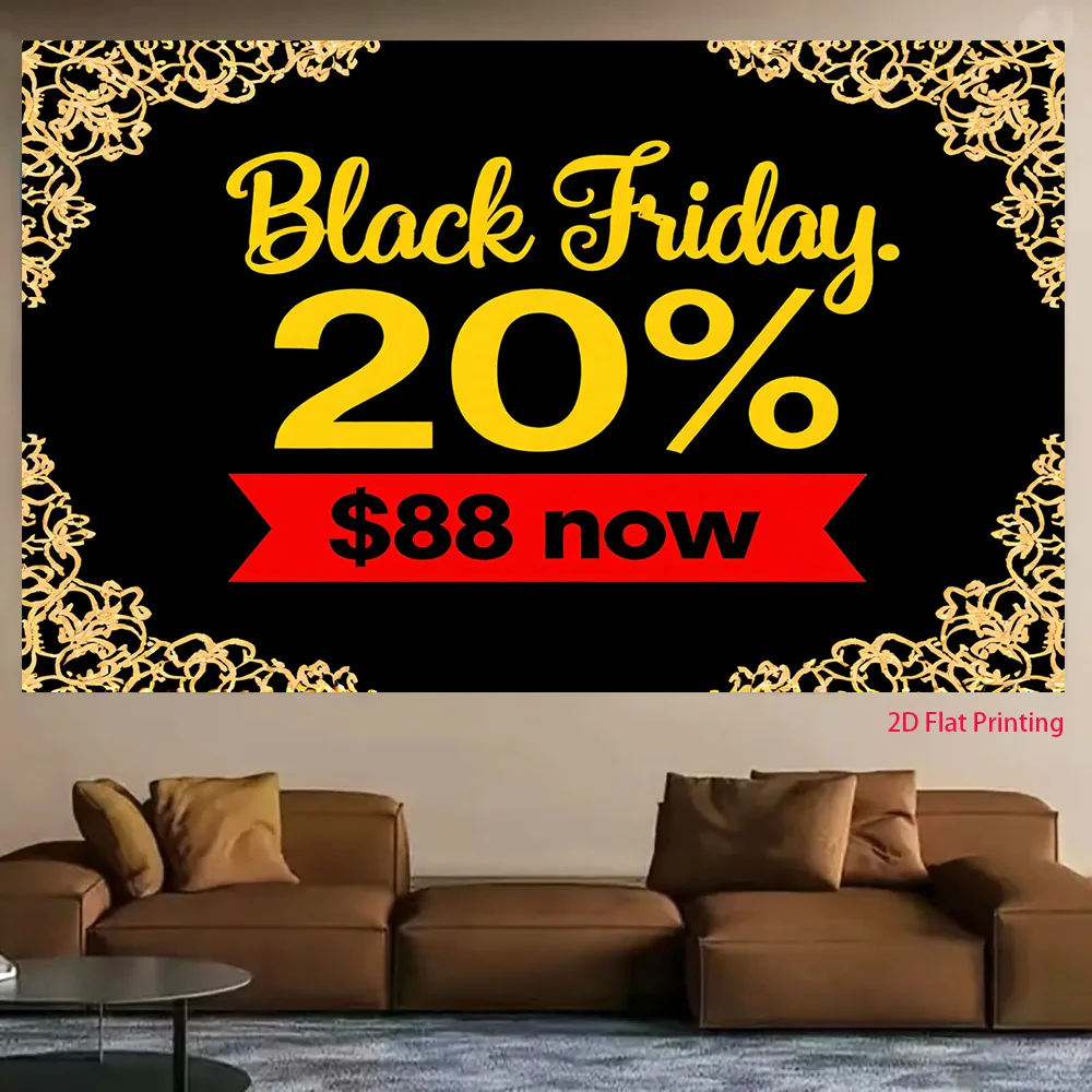 Black Friday Sale Tapestry, Gold Floral Border Wall Hanging, Promotional Event Banner Decor for Shop Party Background