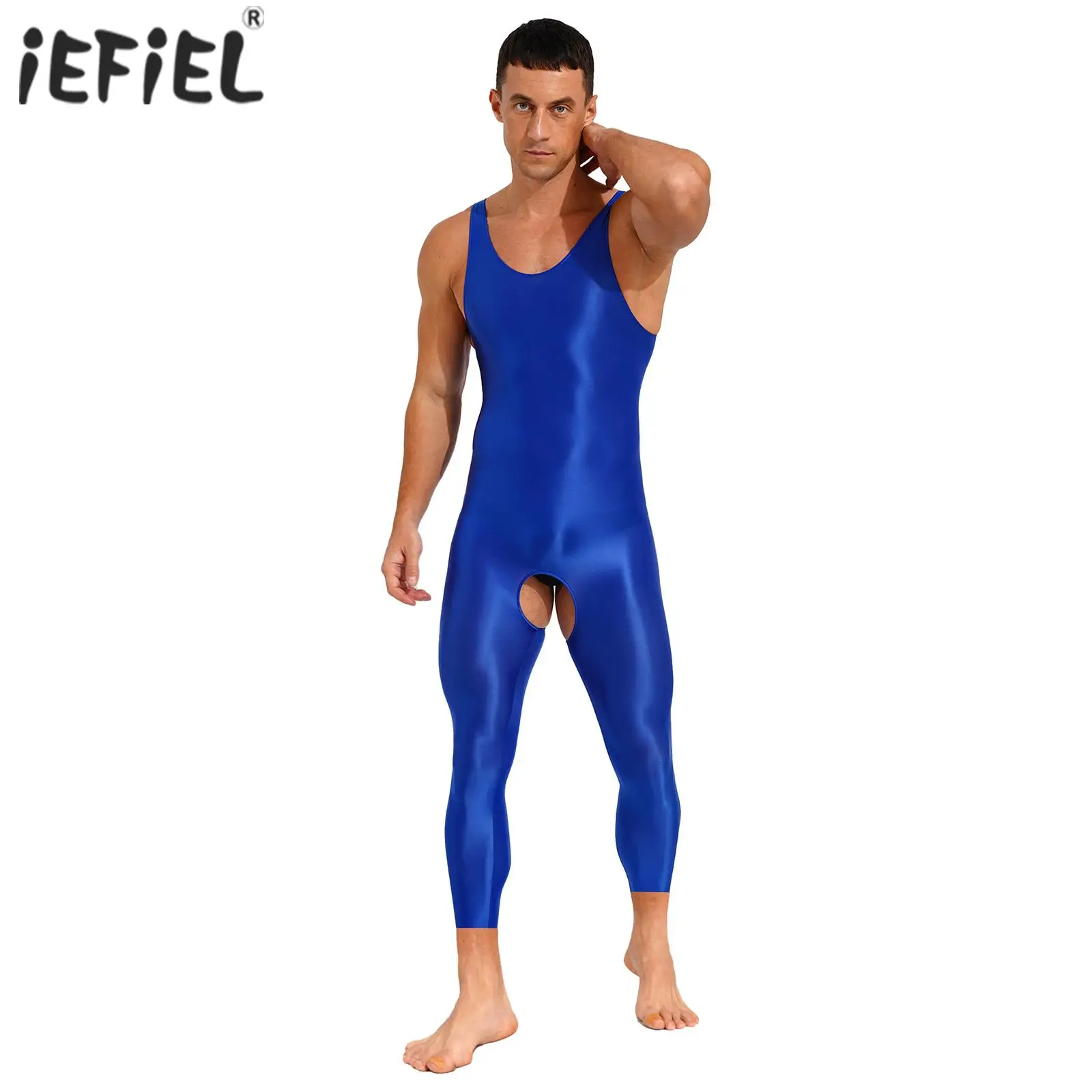 Sexy Mens Lingerie Glossy Open Crotch Tights Close-fitting Jumpsuits Solid Color Stretchy U Neck Sleeveless Bodysuit Nightwear