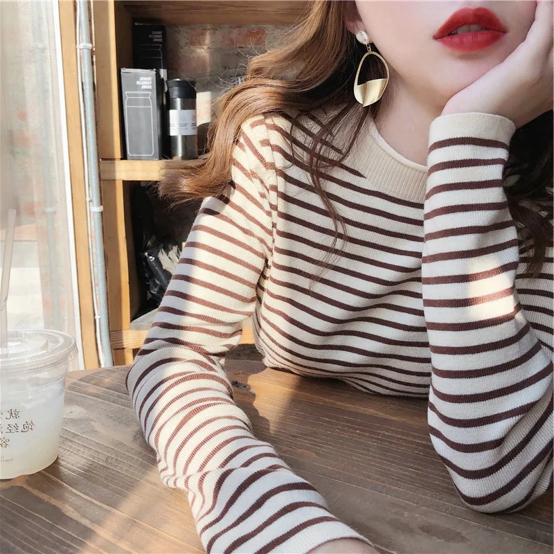 Autumn Winter Women Mock neck Sweaters Pullover Tops Fashion Female Skinny Elastic Long Sleeve Casual Striped Knitted Shirts