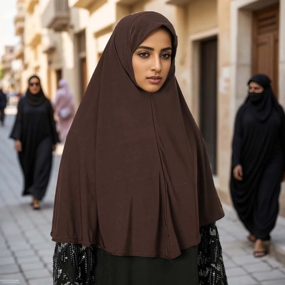 Breathable Jersey Solid Color Instant Hijab Four-Way Stretch Full Coverage Women Khimar Lightweight Feel Skin-Friendly