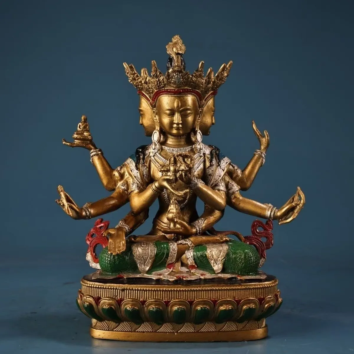 Hand‑Painted Hollow Cast Brass Usnisa Vijaya Statue Tibetan 3 Heads 8 Arms