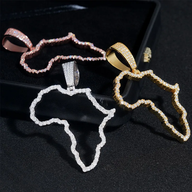 

925 Silver Iced Out Moissanite Africa Map Pendant Hollow Hiphop Jewelry Plated White Gold Tennis Pendant Necklace Pass Tester