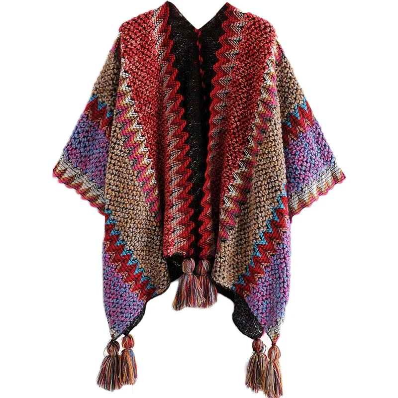 Poncho Cloak New ethnic shawl pullover tassel cardigan color travel photo casual Women knitted cape Lady coat Red