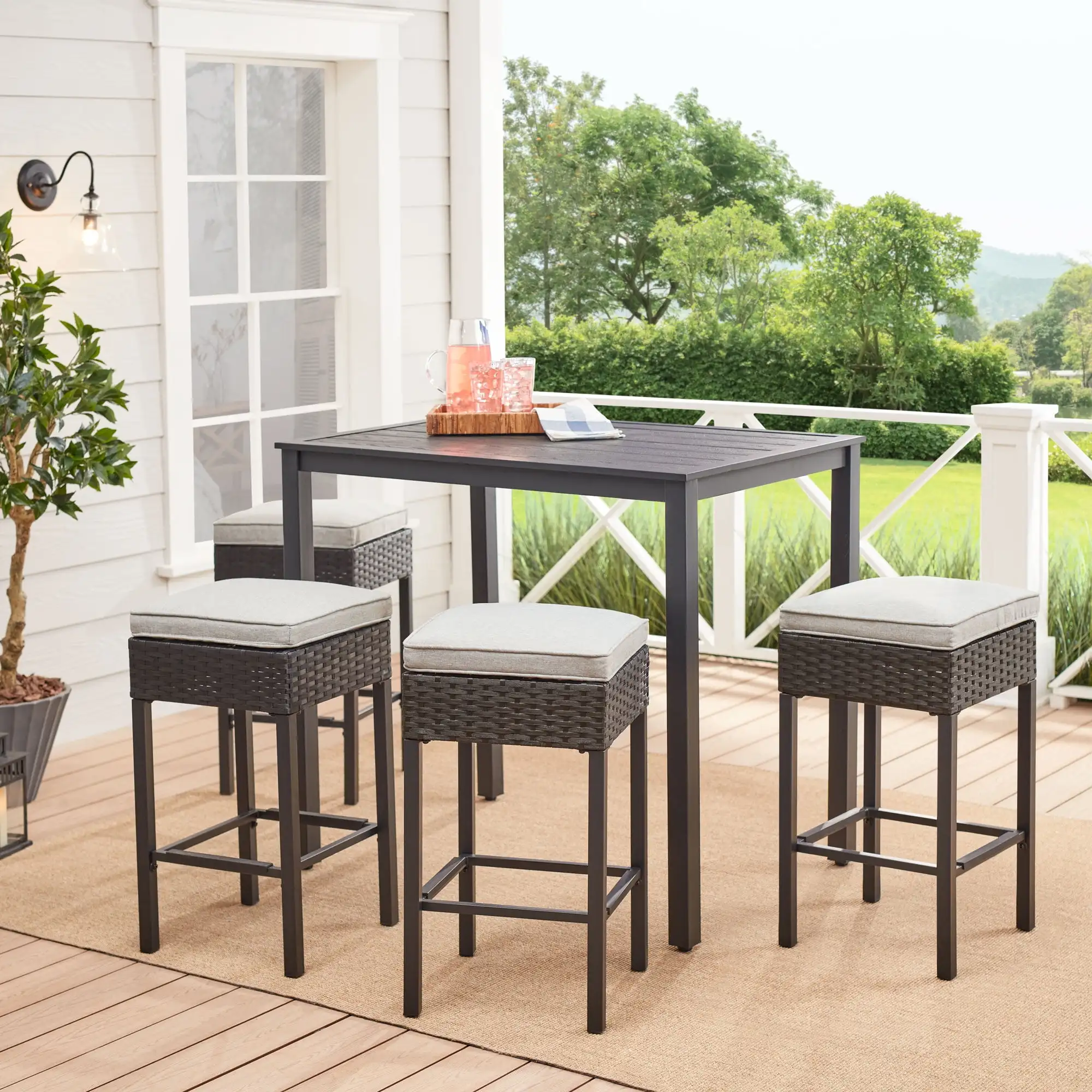 Ayden Park 5-Piece Outdoor Patio High Dining Set Chairs Feature Brown Wicker Rattan Accents and Tan Fabric Cushions