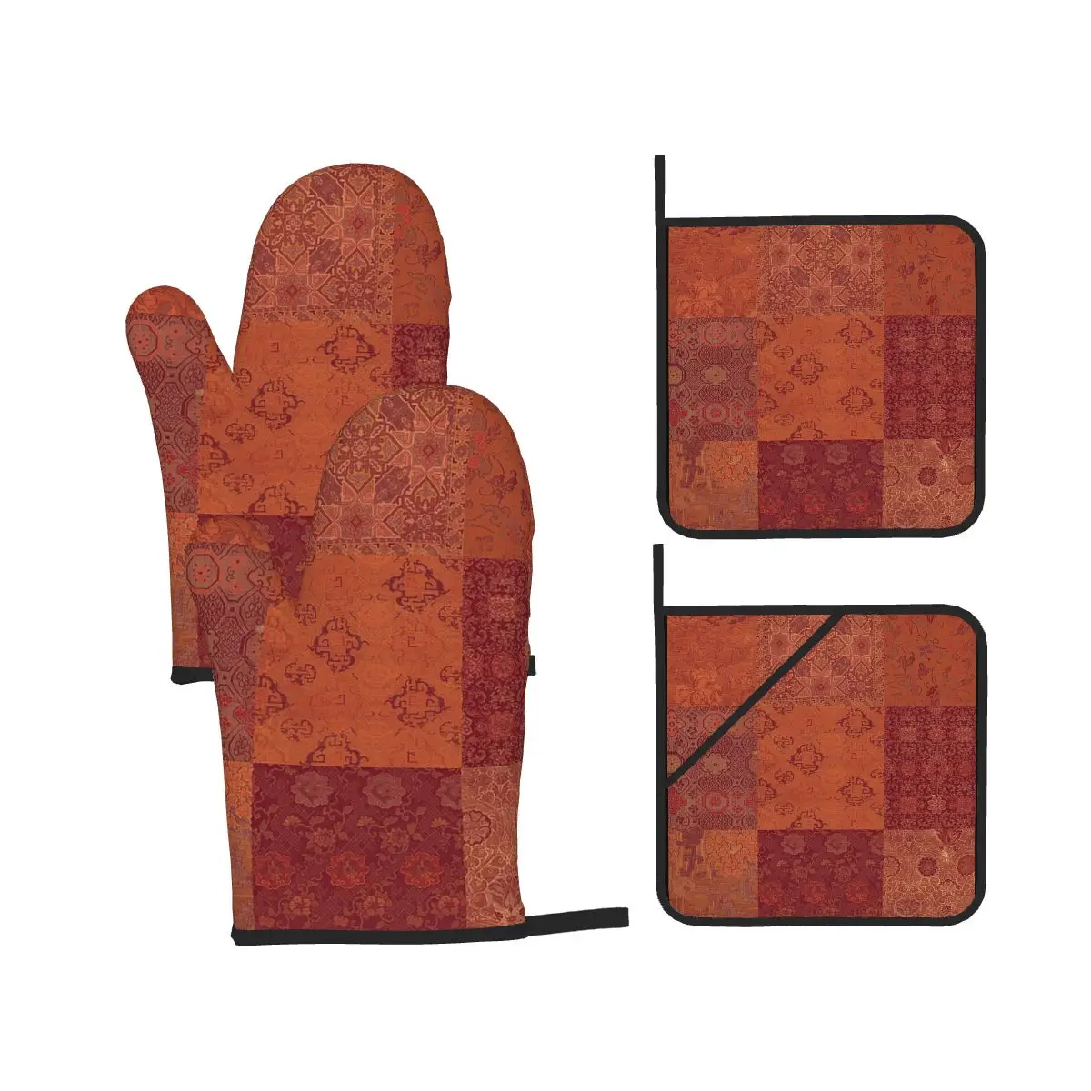 Vintage Bohemian Quilt In Burnt Orange Oven Mitts and Pot Holder Sets of 4 for Baking Cooking BBQ Resistant Non-Slip Gloves