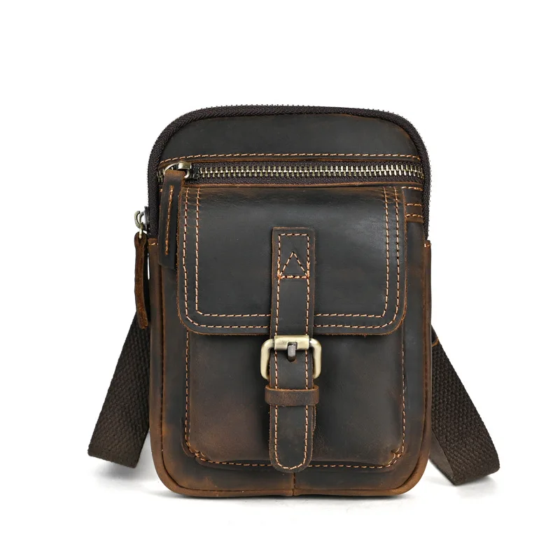 Mini Genuine Leather Crossbody Shoulder Bag For Men Portable 6.7 Inch Phone Waist Fanny Pack Daily Casual Outdoor Small Pouch