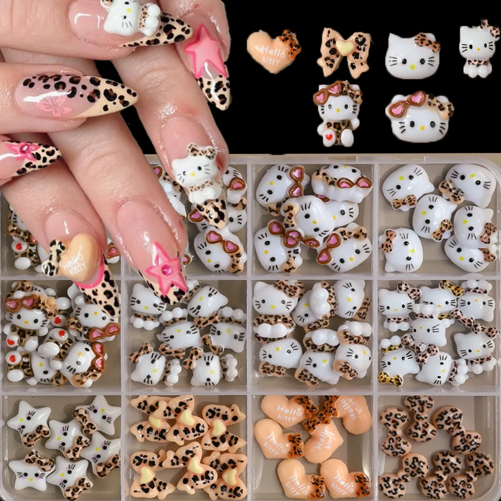 

12Girds 3D Mixed Leopard HelloKitty/Heart/Bowknot Nail Charm Resin Kawai Heart Glasses Kitty Nail Decor DIY Cartoon KT Nail Part