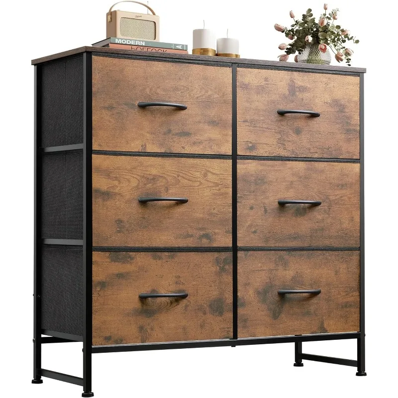 

Fabric Dresser for Bedroom, 6 Drawer Double Dresser, Storage Tower with Fabric Bins, Chest of Drawers for Closet, Living Room