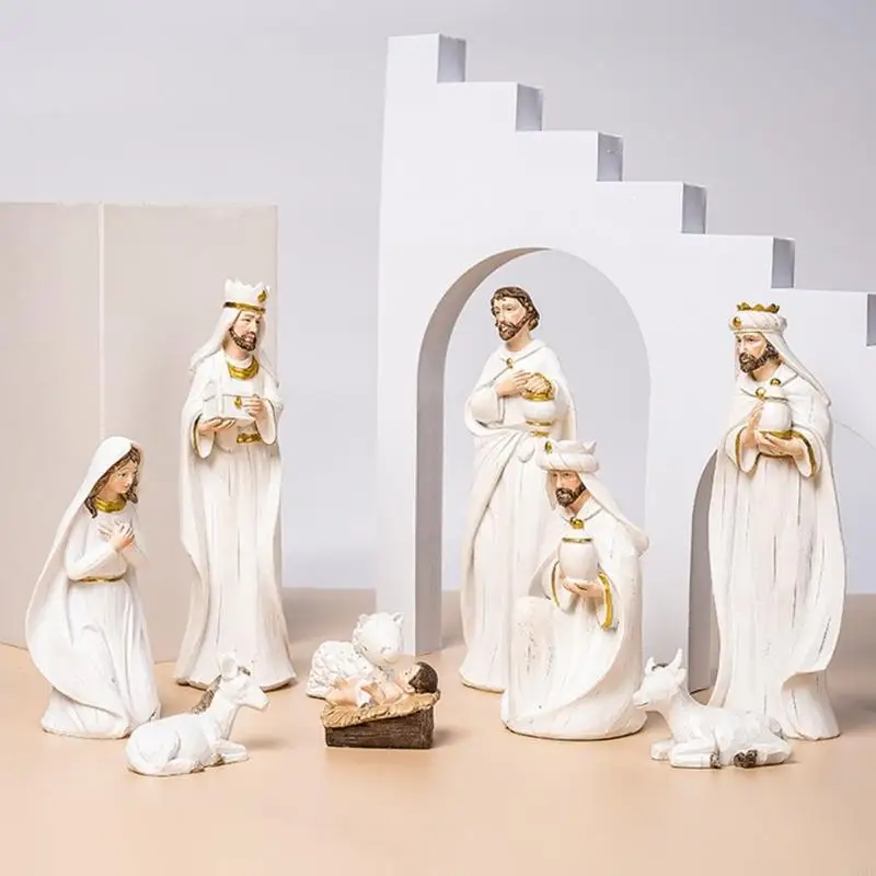 H7BF Christmas Decorations Manger Figurines Set Jesus Nativity Statue Wisemen Figurines Christian Decor for Home Bedroom