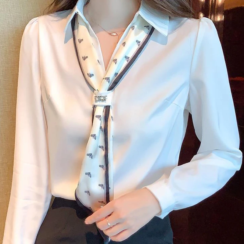 Autumn New Elegant Fashion Commuter Office Lady Chic Minimalist Shirt Women Necktie Turn Down Collar Solid Color Long Sleeve Top