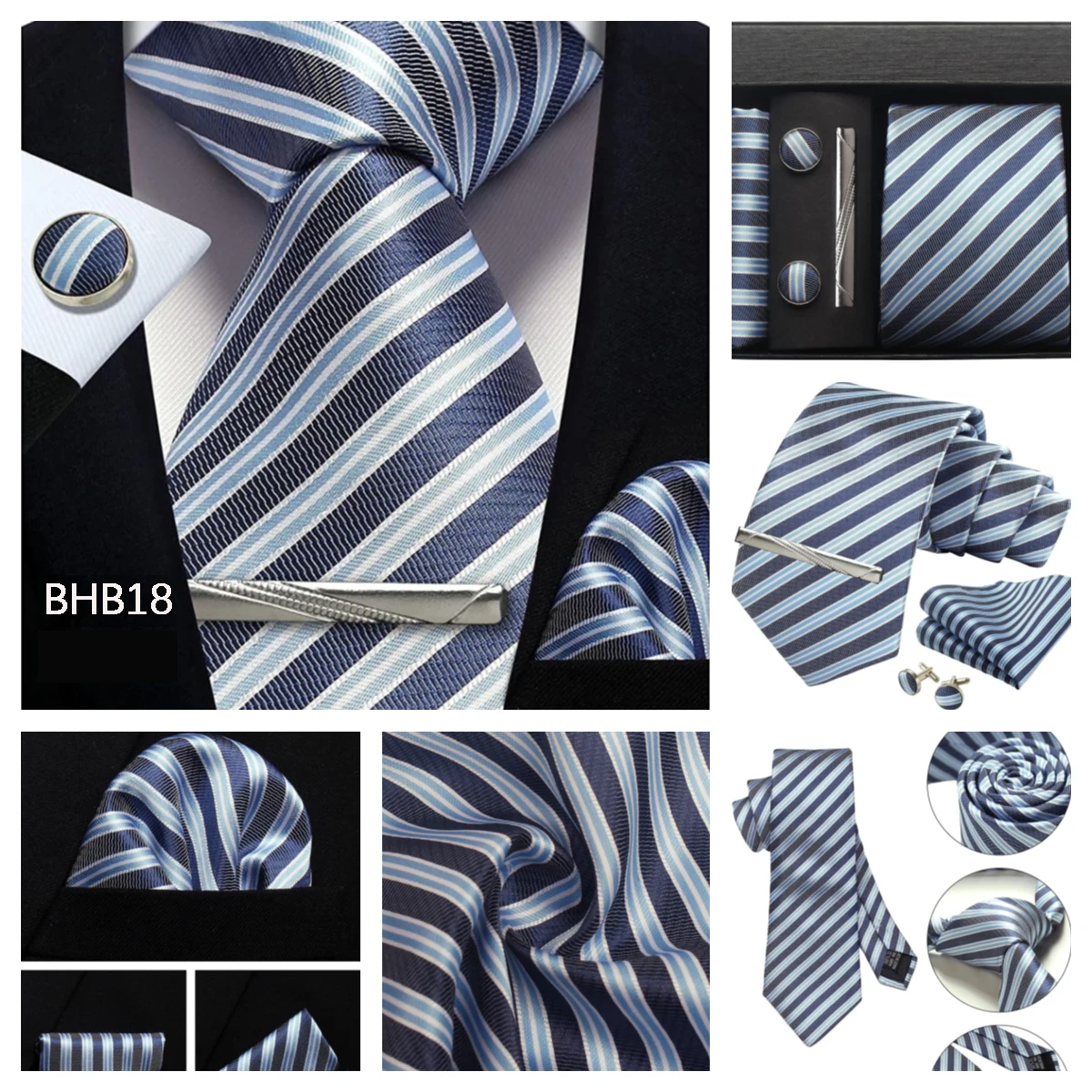 Klassische Herrenkrawatten aus 100 % Seide in Geschenkbox, 8 cm, kariert, gepunktet, gestreift, Business-Krawatte, Einstecktuch, Manschettenknöpfe, Hochzeitskrawatten-Set – Detail 20