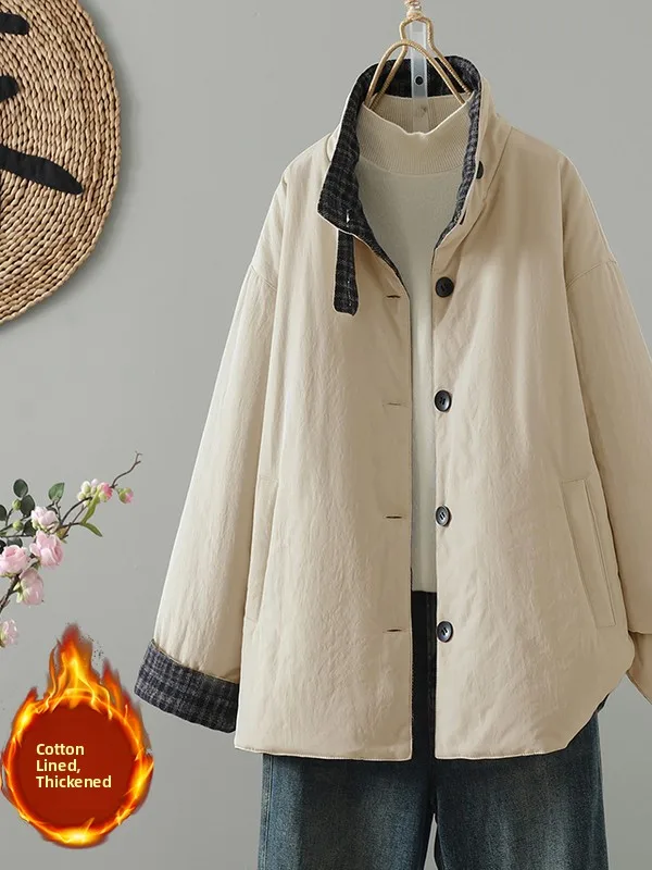 

Korean Sle Plaid Thiened Cotton Jaet Women's Winter Warm Stand Collar Outerwear Long Sve Regular Fit Single Button