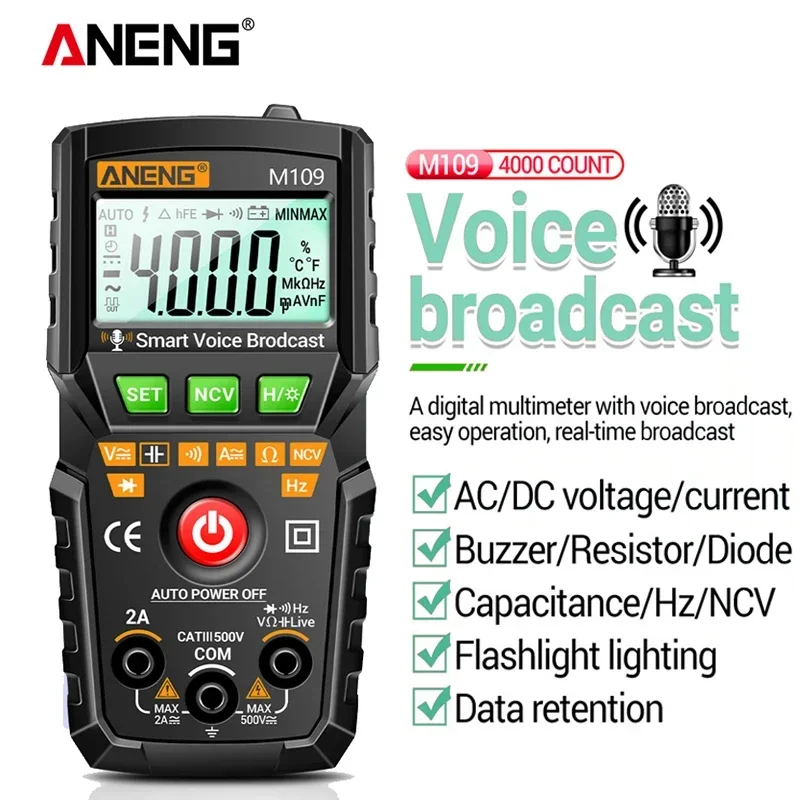 Digital Multimeter Smart Voice Broadcast Tester ANENG M109 AC/DC Voltage NCV Capacitance Coutinuity Profesional Electrician Tool