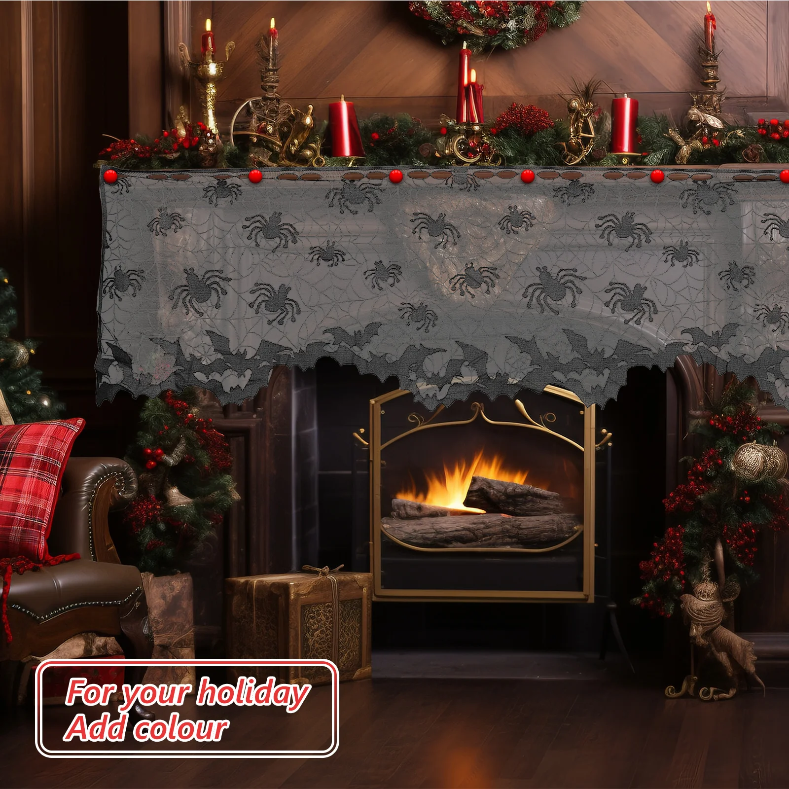 

3D Printed Halloween Bat Spider Web Lace Window Curtain Door Fireplace Cloth Decor Black Spooky Ghost Festival Party Home