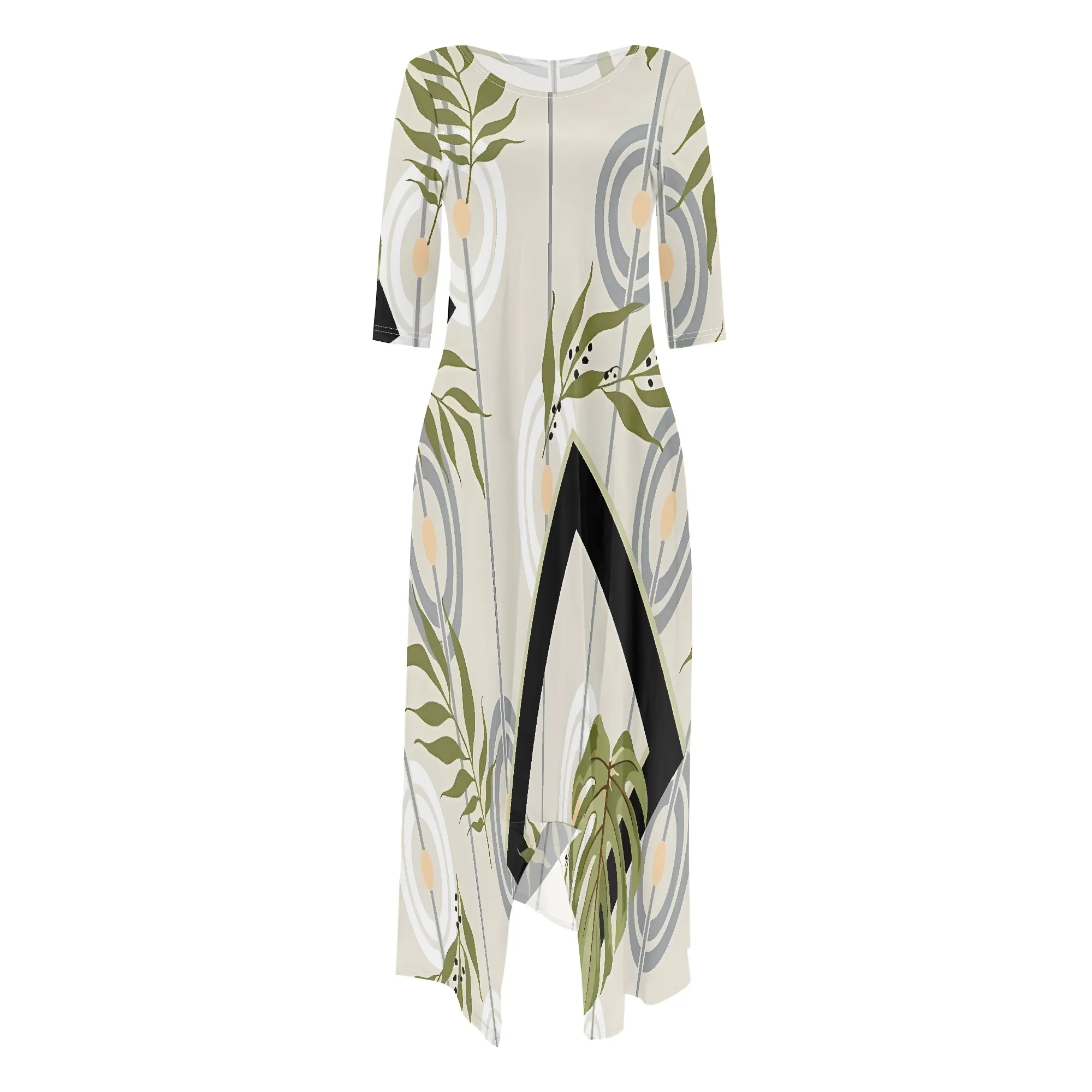 فستان ماكسي بطبعة أوراق بوهو للنساء بدون أكتاف فضفاض كاجوال 3/4 كم فستان حفلات صيفي