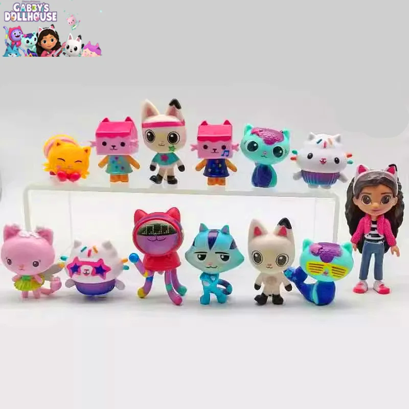 13pcs Kawaii Gabby Dollhouse Cats Toy Garage Kit Kids Tabletop Decoration Cute Doll Pandy Paws Model Surprise Gift for Children