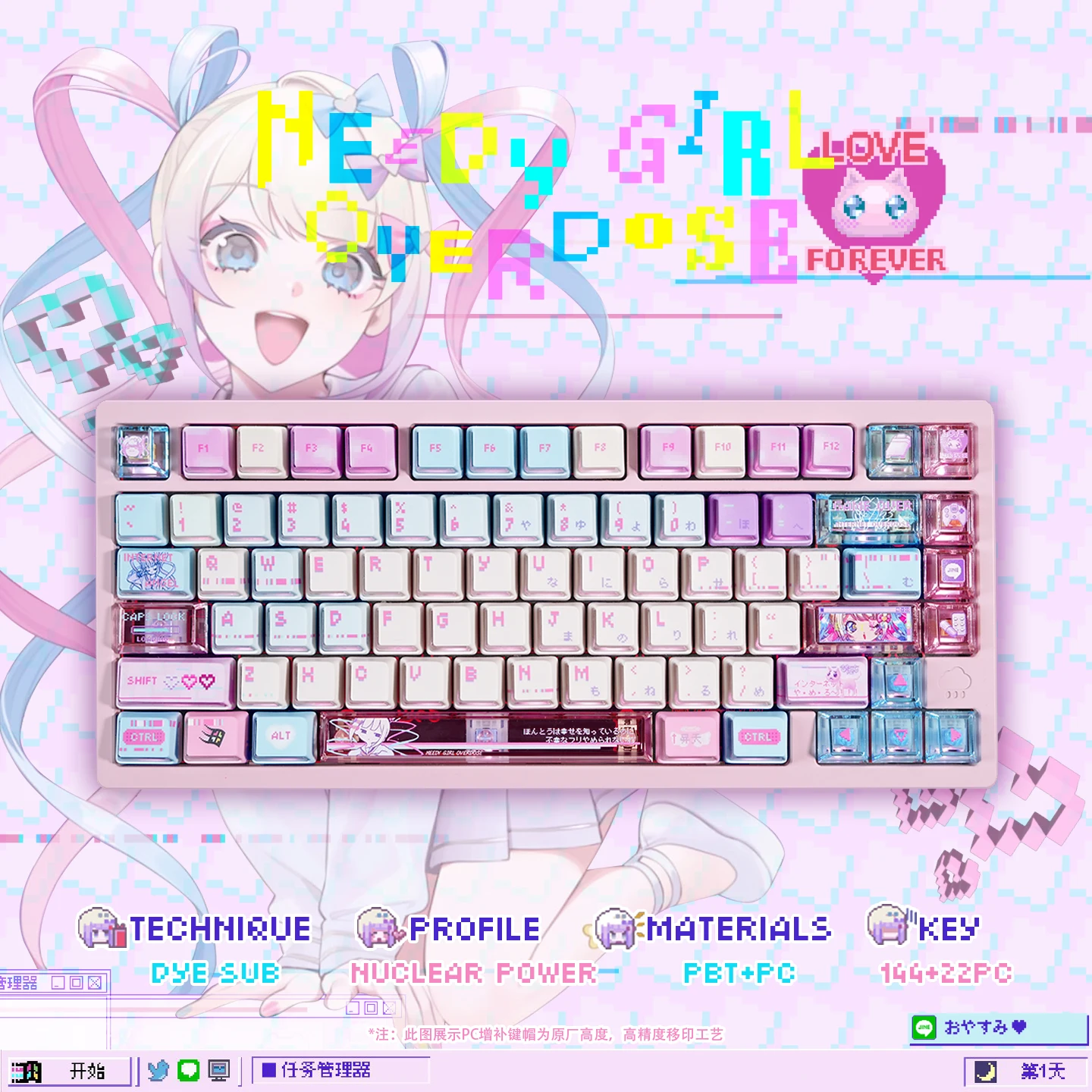 Needy Girl Overdose Game Keycaps Cherry Profile PBT+PC Side Engraved Translucent Pink Anime Key Caps for Mechanical Keyboard