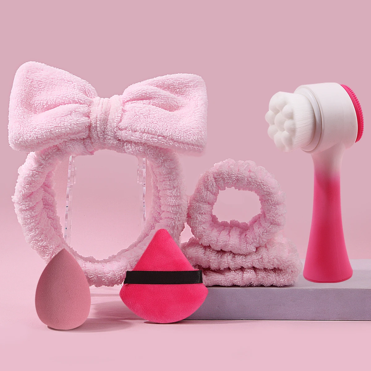 Diadema práctica con lazo, correa para la muñeca, cepillo de limpieza suave de doble cara, esponja de maquillaje portátil, juego de herramientas para polvos, 6 uds.