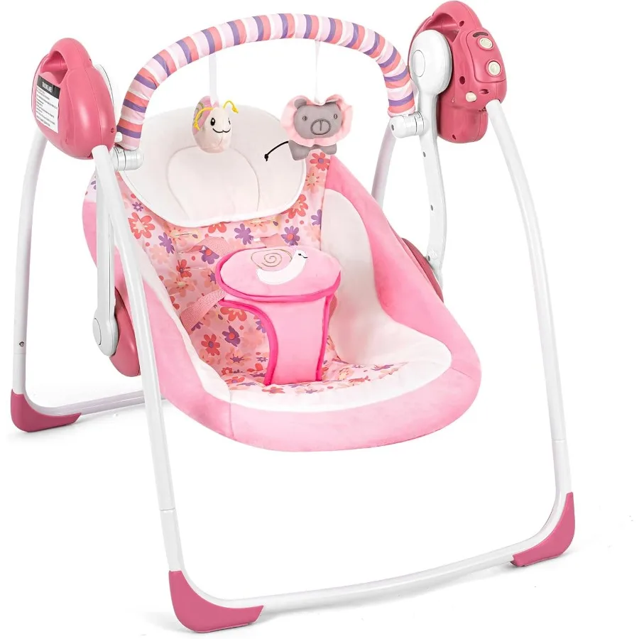 Electric Baby Swing for Infants 0-9 Months 6-25 lbs Powered by Power Cord and Batteries Indoor Outdoor Use Easy-Fold Design Sof