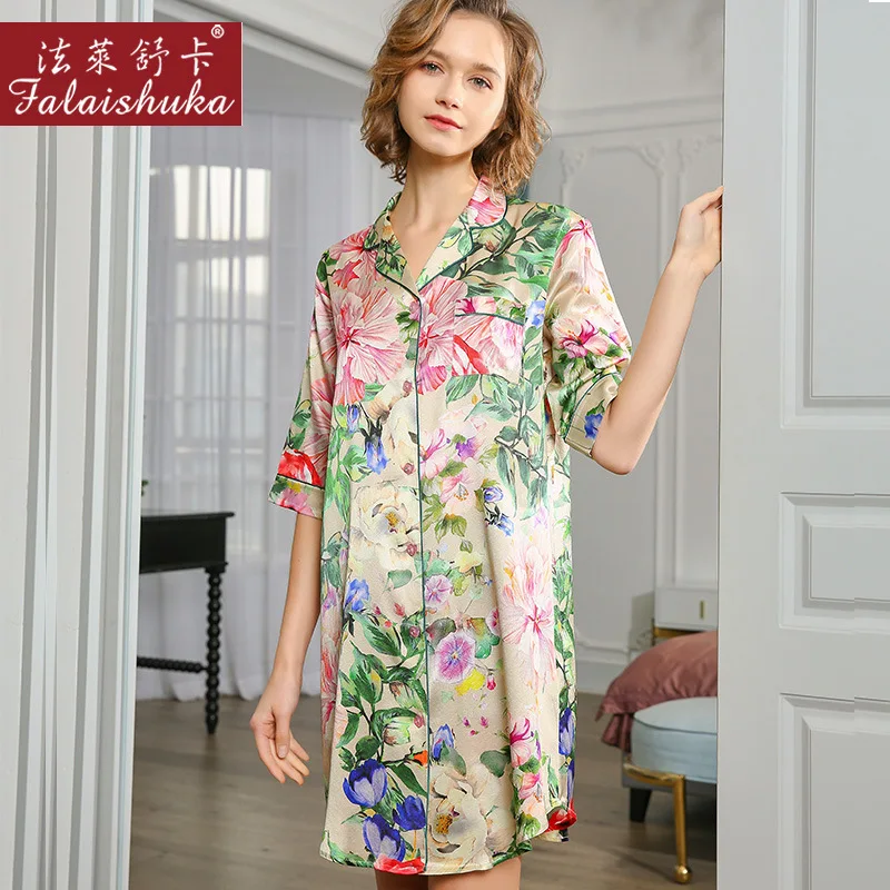 19 momme Elegant Flowers 100% genuine silk women nightshirts Short sleeve sleepdress quality natural silk nightdress S5649