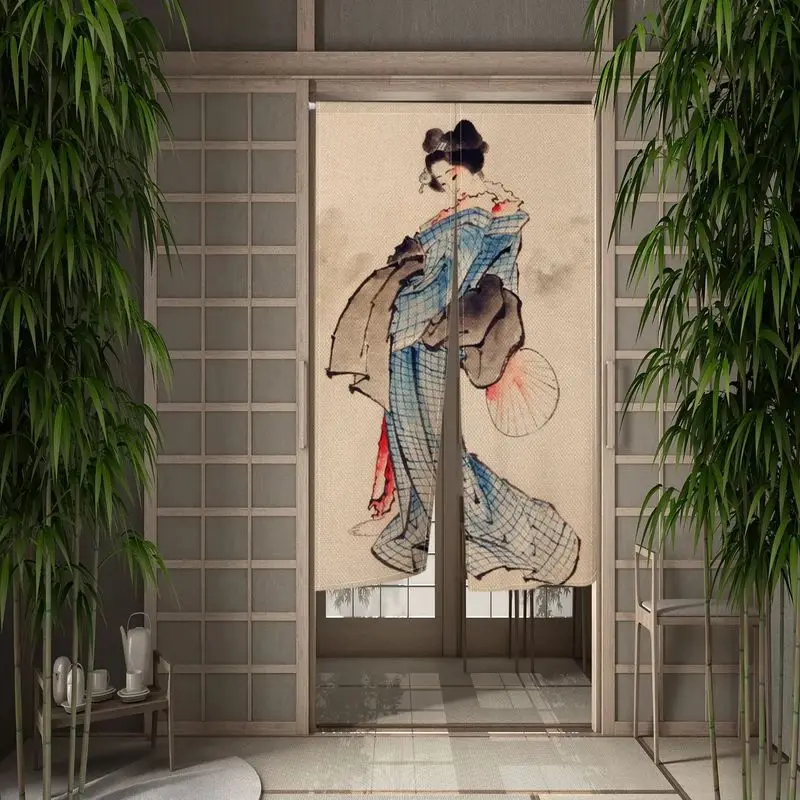 VIKAMA Japanese Noren Rod Pocket Single Curtain Ukiyo-e Geisha Fan Vintage Kimono Floral Print Tea Room Partition Decor