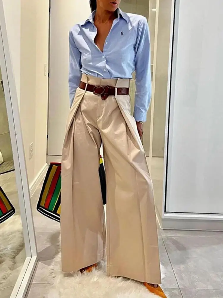 

Modigirl 2024 New Urban High Waist Folded Wide Leg Office Trousers For Women Spring Summer Solid Color Loose Casual Pants