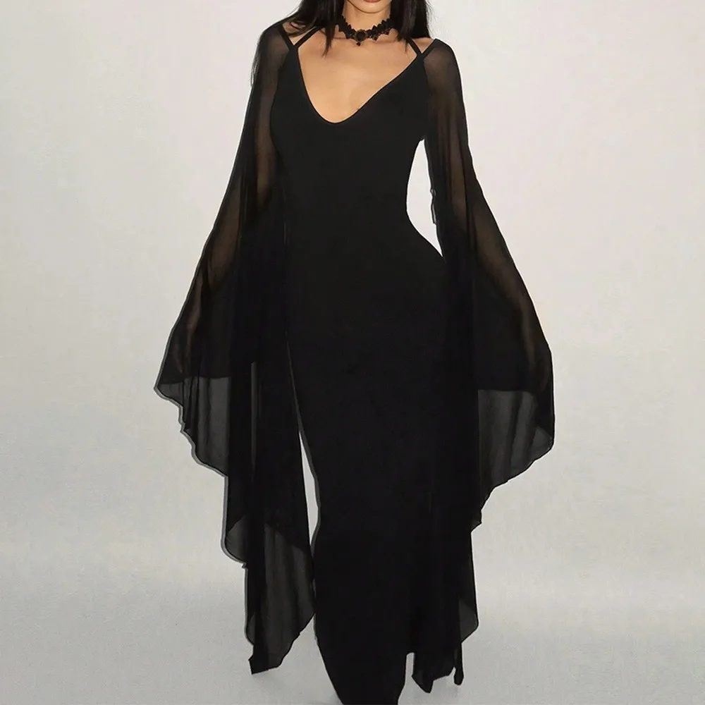 V Neck Pullover Dress with Cowl Sleeve Long Sleeve Irregular Hem Batwing Cut Maxi Length Dark Style Streetwear for Women