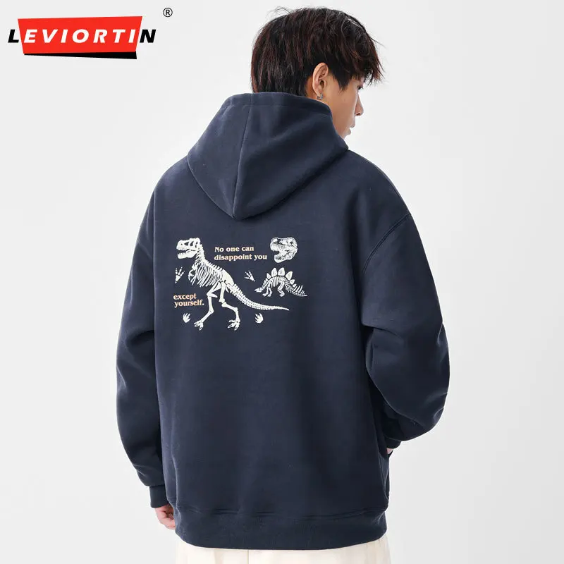 

Men's Dinosaur Skeleton Print Hoodie Sweatshirts Japanese Retro Autumn Unisex Streetwear Sport Hooded Pullover Sweatshirt Tops