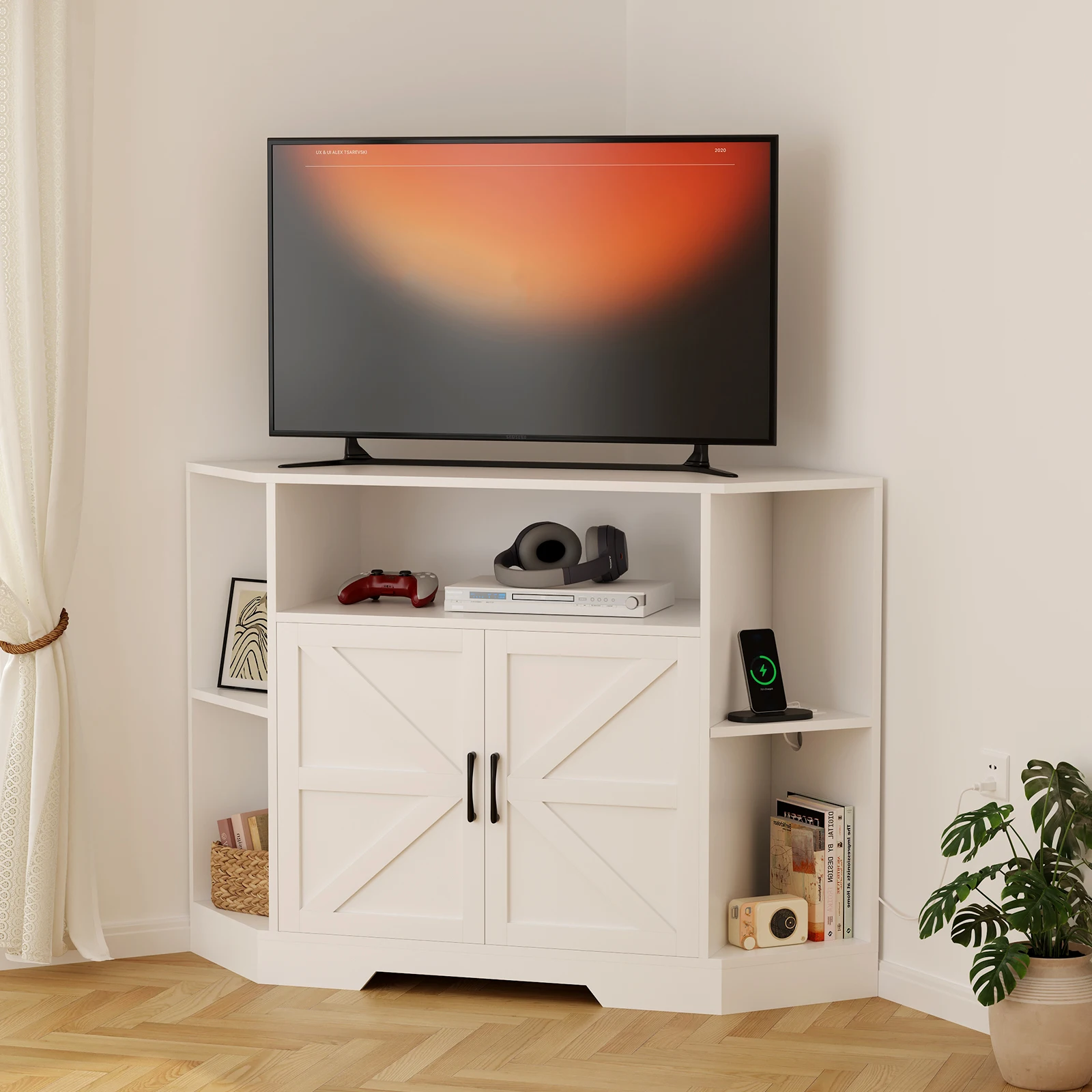Modern Farmhouse Corner TV Stand for TVs up to 55 Inches, Power Outlet, Barn Door Cabinets, Mark-Resistant Waterproof Wood, Open Shelves, Media Console for Living Room or Bedroom, White
