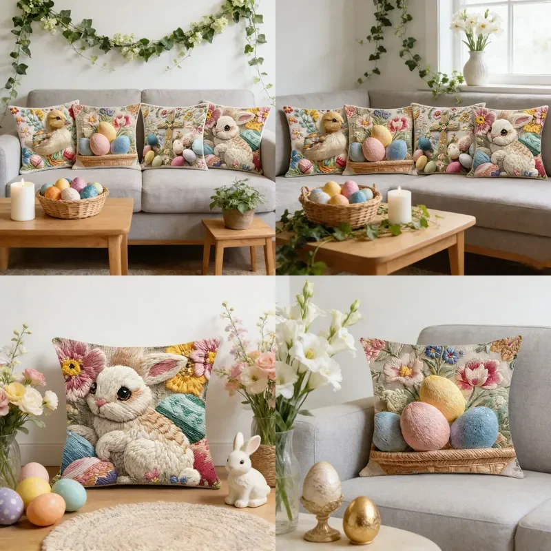 Cross-border Easter pillow cover cute bunny duckling imitation 3d embroidery three-dimensional printing sofa decorative