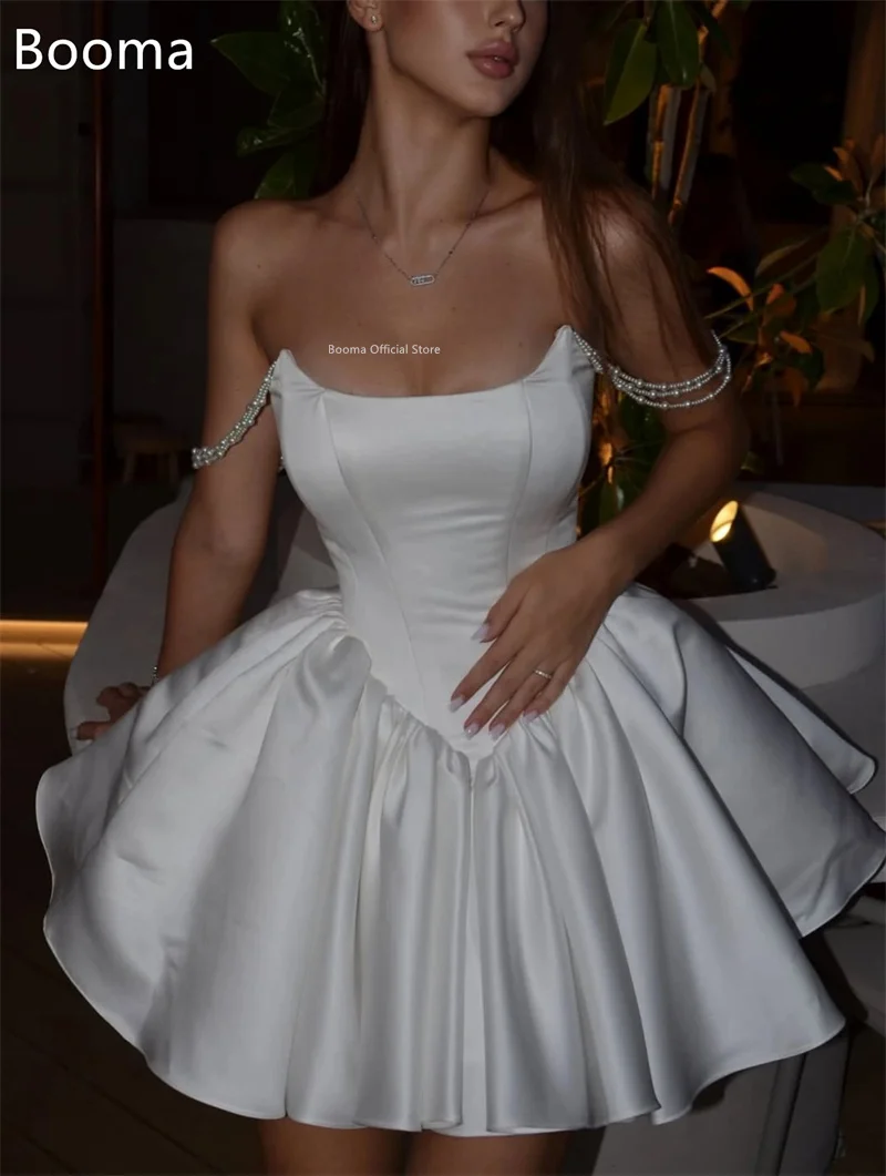 Booma a-line عاجي صغير عاري الكتفين من الساتان فساتين زفاف مطوي بسيط لؤلؤ أنيق فستان عرائس مصنوع حسب الطلب 2025