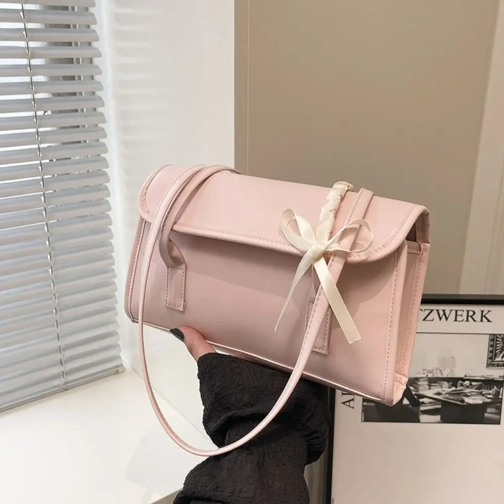 Trendy Sweet Y2k Bow Ribbons Shoulder Bag Large Capacity Portable Girls Handbag Pu Leather Solid Color Underarm Casual Bags - view 3