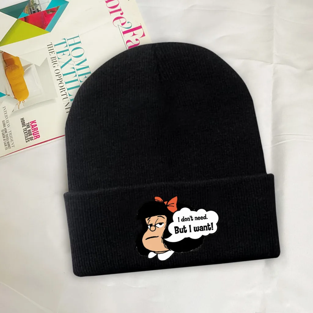 Mafalda Philip Comics Skullies Beanies Caps I Don't Need Knitted Winter Warm Bonnet Hats Unisex Ski Cap