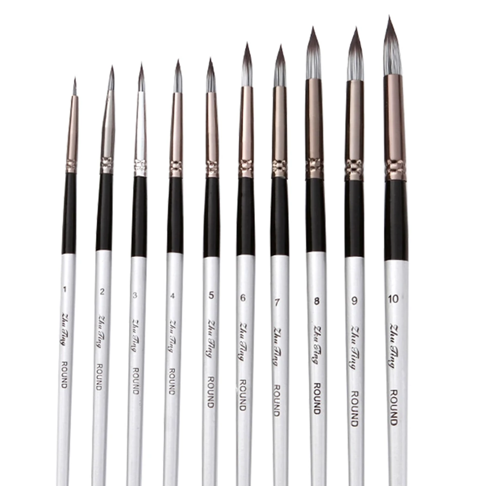 

10 шт., набор кистей для акварельных красок, профессиональные акриловые масляные гуаши, тонкие кисти для рисования для художников, начинающих детей, нейлон